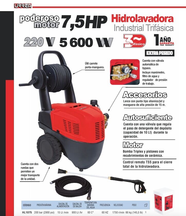Hidrolavadora 2900 Psi 7.5 Hp Uso Extra Pesado Urrea Hl1075 $ 44