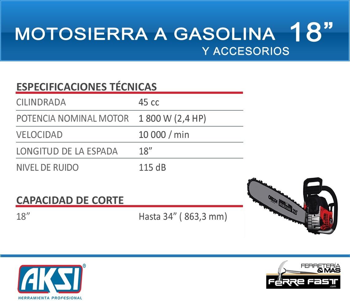 Motosierra A Gasolina 45 Cc 18 Industrial Aksi Ferre Fast $ 3